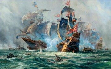 Kriegsschiff Seeschlachts im Kampf Ölgemälde